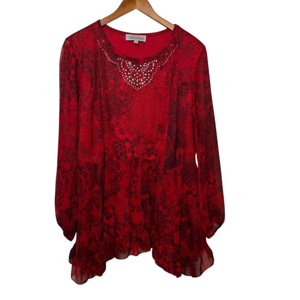 Closet Full Red Mosaic Print Rhinestone Embellished Babydoll Tunic Top Large